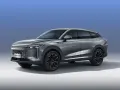 Elegancki, szary SUV OMODA 9 hybryda z nowoczesnym designem i czarnymi felgami.