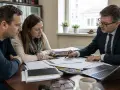 Przesłuchanie stron w sprawie frankowej. Para z prawnikiem analizuje dokumenty przy biurku.