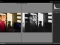 Dziewczynka w okularach, z rudymi włosami, w czerwonym swetrze, podczas robienia zdjęć w programie Lightroom. Obok wersja czarno-biała.