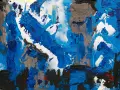 Peinture abstraite aux textures épaisses, dominée par le bleu, le blanc et le gris. Une œuvre qui invite à nettoyer le regard pour en découvrir les formes cachées.