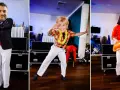 Trzy osoby w białych spodniach i z zabawnymi głowami tańczą na weselu. To świetne zabawy na oczepiny!