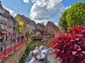 Deux peluches souris posent devant les maisons colorées de Colmar, une destination idéale pour visiter Colmar en 1 jour. Une barque navigue sur le canal.