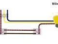 Diagrama ilustra como se conecta un interruptor a una bombilla, mostrando los cables de fase, neutro y tierra.