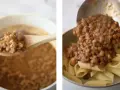 Un cucchiaio mostra un saporito ragù di lenticchie. A destra, il ragù viene versato su penne.