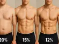 Trois hommes montrent leur progression : 20%, 15% et 12% de masse grasse. La musculation sèche et une alimentation contrôlée, incluant les glucides, transforment le corps.