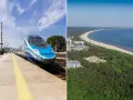 Szybki pociąg Pendolino na stacji i widok na plażę z mewą w tle.