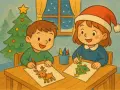 Två barn sitter vid ett bord och ritar julmotiv. Flickan med tomteluva ritar en julgran, pojken ritar en ren. En julgran står i bakgrunden. Det är en del av 365 rita jul.
