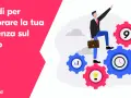 Uomo d'affari sale su ingranaggi, simbolo di un percorso efficiente ed efficace verso il successo lavorativo.
