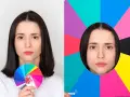 Kobieta z paletą kolorów i twarz w okręgu na tle kolorowych geometrycznych kształtów.