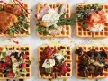 Sex olika protein våfflor: friterad kyckling, pocherat ägg med sparris, rökt lax, avokado och bönor, grillade grönsaker, och svamp.