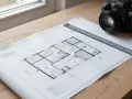 Projekt zamienny prawo budowlane na papierze, obok linijka i aparat.