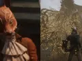 Un zorro rojo con máscara y un personaje con armadura observan un árbol gigante en Lies of P.