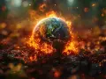 Ziemia w płomieniach, jakby baran jaki żywioł ogarnął planetę. Żar i iskry unoszą się w powietrzu, tworząc apokaliptyczny obraz.