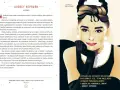 Portret kobiecy wiersz. Ikoniczna Audrey Hepburn w czarnej sukni i białej biżuterii, z cytatem o pomaganiu.