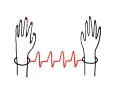 Dwie dłonie z czerwonymi paznokciami połączone linią EKG. Symbolizuje to trudny wybór związany z eutanazją.