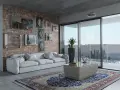 Nowoczesny salon w stylu nowojorskim z ceglaną ścianą, białym narożnikiem i widokiem na miasto.