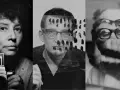 Portrety trzech wybitnych polskich fotografów: kobiety z aparatem Praktisix, mężczyzny w okularach z odbiciami palców i mężczyzny z podwójnymi okularami.