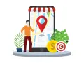 Hombre señalando un mapa en un móvil, simbolizando el **posicionamiento web local**. Moneda y diana sugieren éxito y objetivos.
