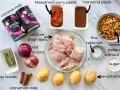 Składniki na pyszny massaman curry przepis: mleczko kokosowe, pasta massaman, kurczak, ziemniaki, orzeszki ziemne, cebula, tamaryndowiec, cynamon, liście laurowe, sól, cukier.