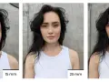 Portret kobiety w białej bluzce, prezentujący różne ogniskowe: 15 mm, 25 mm i 50 mm.