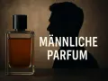 Eine Glasflasche mit braunem Parfum und der Schatten eines Mannes.