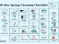A 30-day spring cleaning checklist with illustrated tasks like dusting, organizing clothes, cleaning appliances, and decluttering.