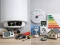 Strumenti, un contatore, una clessidra e una casa in miniatura suggeriscono come risparmiare con lo scaldabagno, ottimizzando i consumi.