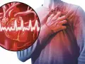 Człowiek trzymający się za klatkę piersiową, symbolizujący dusznicę bolesną. Obok grafika serca z zapisem EKG.