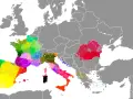 Mapa de Europa con áreas coloreadas que indican dónde se habla el corso y otras lenguas romances.