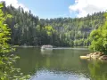 Bateau naviguant sur une rivière bordée de forêts luxuriantes, un paysage typique des chutes du Doubs.