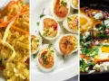 Drei Gerichte: gebratener Reis, gefüllte Eier mit Garnelen und Shakshuka. Tolle Eier Rezepte für jeden Anlass.