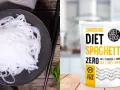 Makaron konjac na talerzu obok opakowania Shirataki Diet Spaghetti. Idealny wybór dla osób dbających o linię.