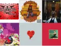Six pochettes d'album de Kanye West, dont "Late Registration" avec un ours en peluche.