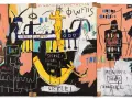 Peinture vibrante de Basquiat, avec des masques, un bateau, un chien gardant un pharaon. Ce style, quel style de peinture se vend le mieux, attire l'œil.
