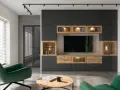 Nowoczesne meblościanki BRW w odcieniach grafitu i drewna, z podświetlanymi witrynami, tworzą stylowe centrum salonu.