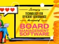 A woman uses board management software on her laptop, with hearts above her head and coins to the side, symbolizing efficient governance and success.