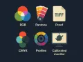 Ikony: RGB, Pantone, Proof, CMYK, Profiles, Calibrated monitor. Kluczowe dla jakości wydruku są ppi i dpi.