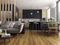 Nowoczesne wnętrze z kanapą, kuchnią i jadalnią. W roli głównej piękne panele podłogowe na ścianie, które dodają ciepła i charakteru.