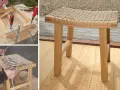 Bygga pall ritning: steg för steg hur man flätar sitsen med rep och limmar ihop trädelarna.