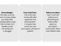 Three cards explain financial metrics: Gross Margin, Free Cash Flow, and Return on Labor, offering insights on how to categorize expenses for business health.
