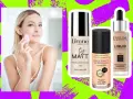 Kobieta aplikuje podkład gąbeczką. Obok trzy podkłady: Lirene City Matt, Max Factor Face Finity i Eveline Liquid Control – idealne, gdy szukasz podkładu do cery tłustej.