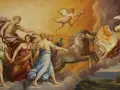 Scena inspirowana mitem o narodzinach świata wg Parandowskiego: Apollo na rydwanie, zaprzężonym w konie, prowadzi kobiety. Amor z pochodnią.