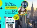 New York skyline with Empire State Building, phone showing Go City app, and circular images of attractions.