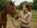 Une cavalière caresse un cheval brun, un moment de complicité qui témoigne d'un bon niveau équitation.