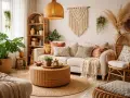 Przytulny salon w stylu boho: plecione meble, mnóstwo roślin i makrama na ścianie tworzą relaksującą atmosferę.