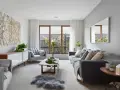 Sofá gris y sillón gris claro, con mesa de centro de madera. La decoración de ramas en la pared y la alfombra de piel gris crean un ambiente acogedor donde el beige y gris combinan a la perfección.