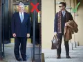 Elegancki mężczyzna w garniturze i szalu, z płaszczem w ręku, prezentuje nowoczesny styl marynarski. Obok nieudany przykład.