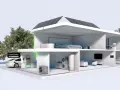 A modern smart home powered by solar energy, featuring an electric car charging, appliances, and a central control system, showcasing the internet of things in action.