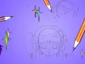 En illustration som visar hur ritar man ett ansikte, med blyertspennor och stjärnor på en lila bakgrund.