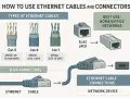 Ilustracja pokazuje różne typy kabli Ethernet (skrętka) Cat 5, 6, 7, złącza RJ45 i ich zastosowanie w sieciach domowych/biurowych.